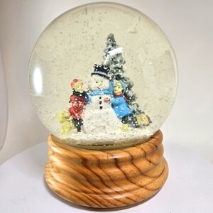 Vintage Collectible Snowman Musical Snow Globe 8" Tall Oak Base Glass Ball
